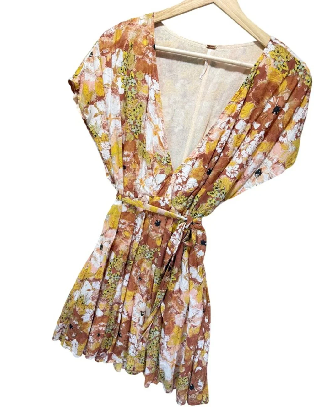 Free People Yellow Cocoa Floral Freddy Tie Mini Dress Boho Chic Womens Medium